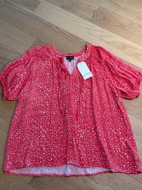 Wonderly Coral Red Dot Peasant Blouse
